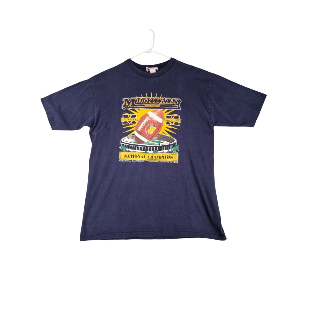 Vintage Logo 7 Michigan Wolverines 1997 National Champions T-Shirt Navy Blue XL